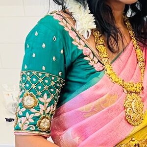 Baby pink and pink Pattu Saree with heavy maggam/zardozi work blouse